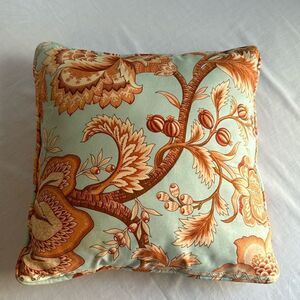 Custom-made sky blue coral print chinoserie pillow with zippered closure.